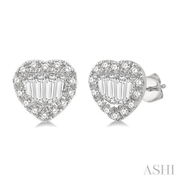 3/8 Ctw Heart Shape Baguette Center & Round Cut Diamond Earrings in 14K White Gold